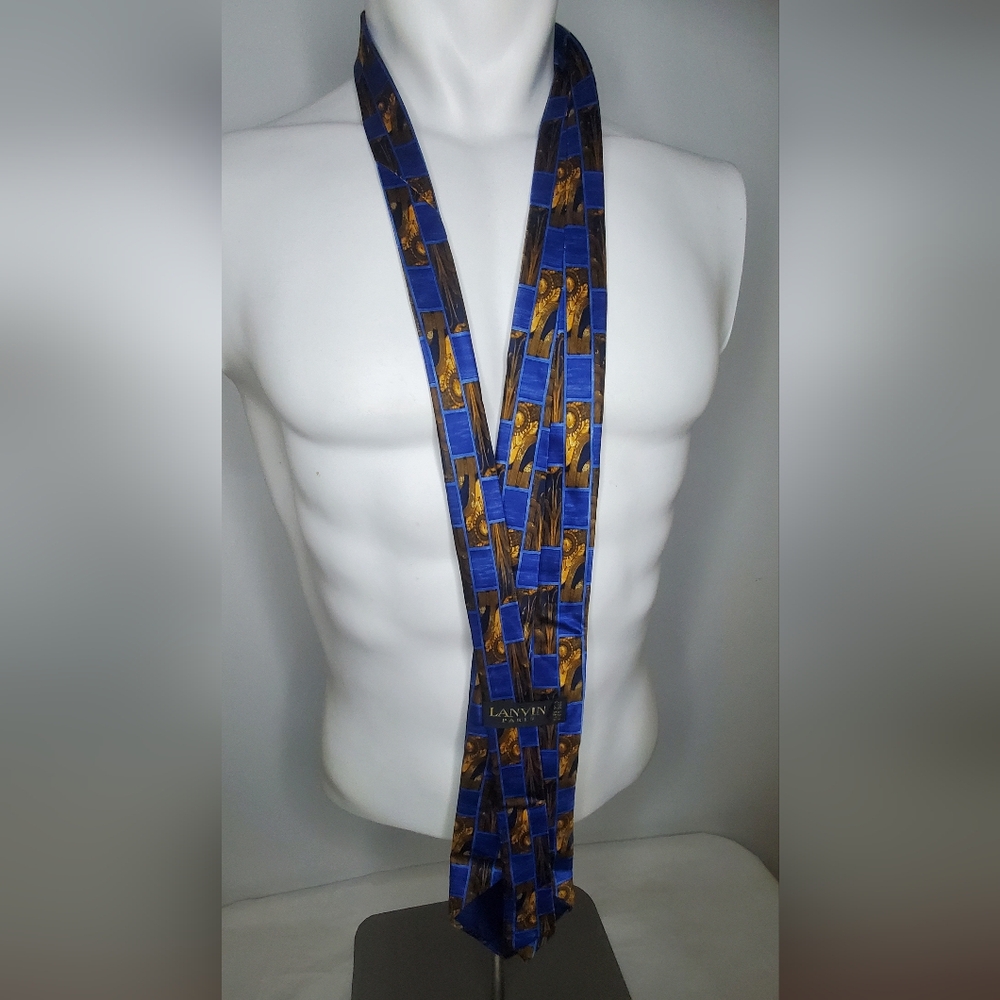 Lanvin Geometric Blue and Brown Tie 100% Silk
